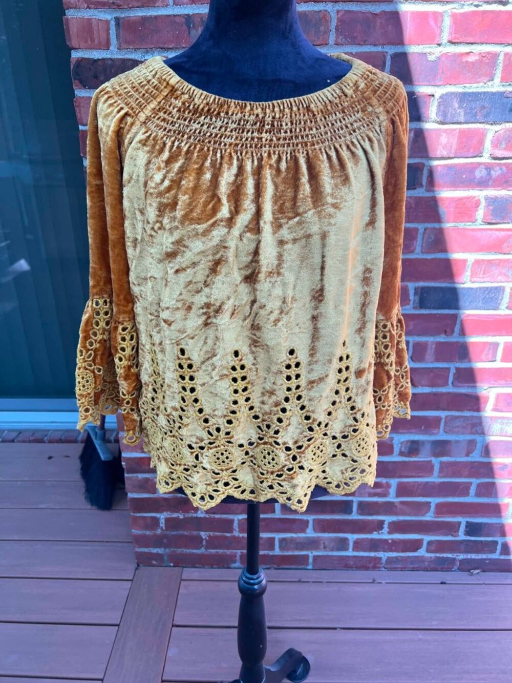John mark smocked velvet off shoulder eyelet bell sleeve gold top shirt blouse M